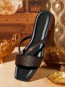 CUCCOO TILAWA Women's Fashion Square Toe Casual Black Rhinestone Open Toe Slip-On Flat Sandals, Comfortable Outdoor Ladies Slippers - Black - View 2