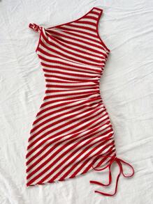 Soleia Đầm ôm bodycon ngắn tay kẻ sọc đỏ trắng bất đối xứng năng động dành cho nữ, thời trang thường ngày cho bãi biển, tiệc tùng - Đỏ và trắng - Xem 2