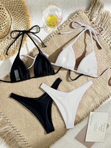 Costume da bagno set bikini da donna, a fascia, con lacci, colore unito, adatto per l'estate e la spiaggia