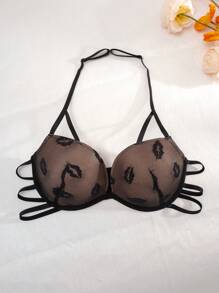 SHEIN Lencería con copas con aros, con cuello de halter y sin espalda, con diseño de jacquard y encaje