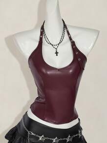 SHEIN ICON Women's Solid Color Minimalist Sleeveless Spaghetti Strap Backless PU Leather Y2K Holiday Party New Year Crop Top, Casual Everyday Wear, Wine Red,Rave Top