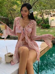 DAZY Women Summer Beach Floral Print Mesh Flare Sleeve Top And Mini Skirt Set,Ruffle - Pink - View 4