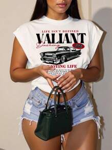 Slaydiva Casual Minimalist VATIANT Slogan Vintage Car Graphic Plus Size T-Shirt,Slightly Sheer Suitable For Summer - White - View 1