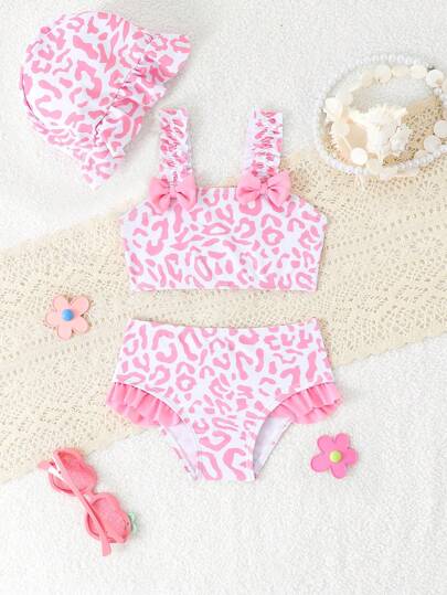 3 件套女婴蝴蝶结格子沙滩套装，包括可爱的格子帽