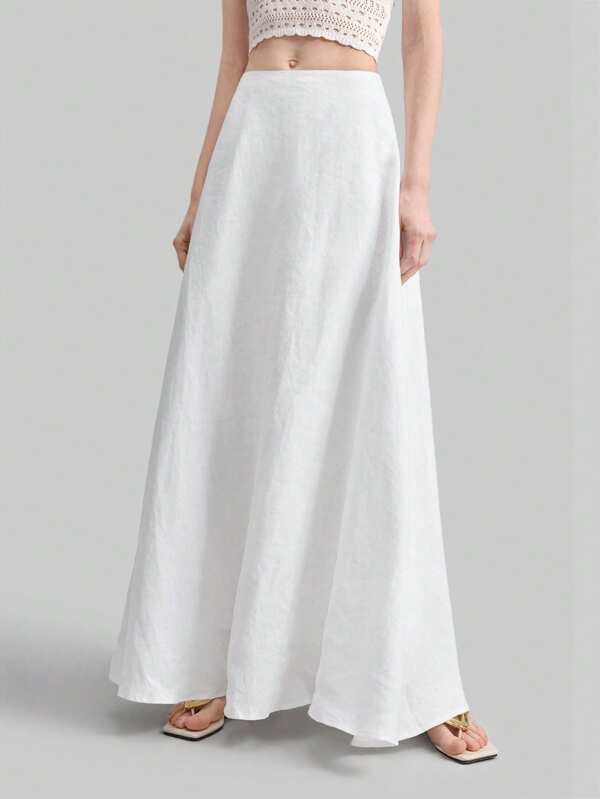 Ontre 1pc Women's Wide Hem 100% Linen White Skirt, Urban Casual Old Money Style