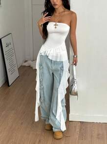 Coolane Women's Summer/Spring Y2K Graphics Contrast Lace Sport Tube Ruffle Mini Skirts,Tube Top - White - View 2