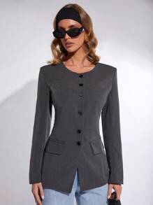 COSMINA Button Front Flap Detail Coat In Fall/Winter - Dark Grey - View 6