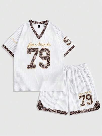 Men's Summer Leopard Print Patchwork Baseball Tee And Casual Shorts Set