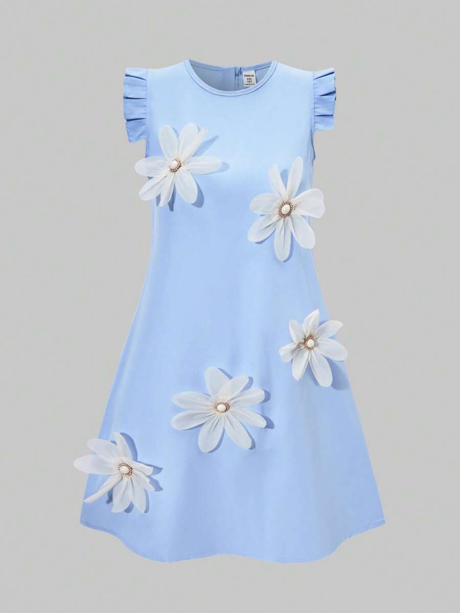 SHEIN Rochie fără mâneci cu decor floral 3D pentru fete Tween, vară