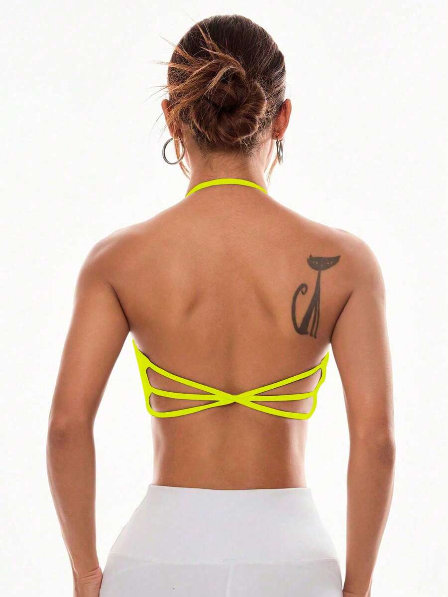 Easithlete Women Neon Green Crisscross Back Daily Fitness Sports Bra - Yellow - View 1