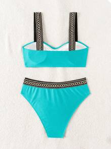 Swim Lushoire Vacation Beach Two Pieces Swimwear Set With Contrast Color Trim For Summer - Mint Green - View 6