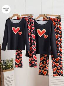 Heart Pattern Contrast Color Girls Sleepwear Set