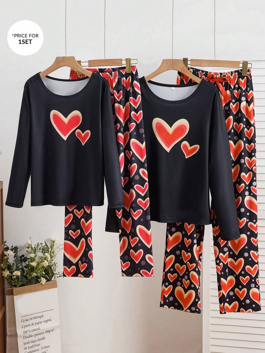 Heart Pattern Contrast Color Girls Sleepwear Set