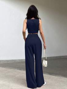 INAWLY Set 2 pcs Wanita Polos Atasan Tank Top Pendek Kancing Tunggal dan Celana Panjang - Navy Blue - View 2