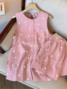 Franclia 2pcs/Set Women Heart Print Tie Front Top And Shorts Set - Pink - View 2