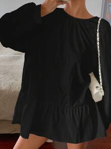 DAZY Women's Simple Casual Lantern Sleeve Ruffle Hem Blouse Long Sleeve Top - Black - View 5