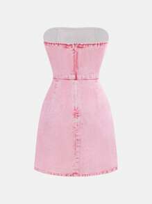 Holiday,Summer,TravelTeen Girls Casual Elegant Resort Dress, Pink Waist Ruched Strapless Snug Fit Knit Mini Dress Camisole Dress Bow, Suitable For School, Outing, Holiday, Spring & Summer - Pink - View 2