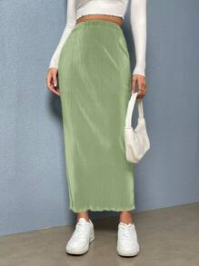 SHEIN Essnce Solid Color Skirt For Women, Fashionable For Summer - Green - View 3