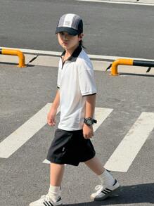 Tween 男童休闲度假百搭罗纹领半拉链 V 领宽松针织 Polo 衫，适合学校、花园、海滩、生日、春夏秋冬四季 - 白色 - 查看 8