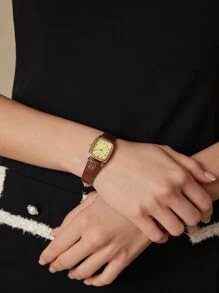 MOTF PREMIUM WOMAN'S GOLD TONE MINI SQUARE WATCH WITH NUMERIC DIAL - Brown - View 6