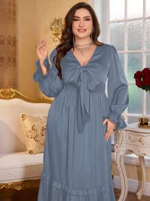 Modelyn Elegantes, romantisches Partykleid aus Satin mit Raffung, Schleife, Ballon-Ärmeln und gerüschtem Saum für Große Größen Damen - Blau - Übersicht 3