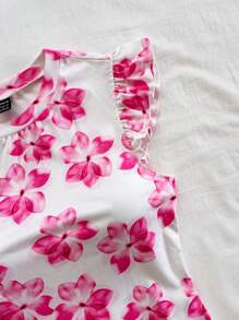 Soleia Casual Vacation, Beach Wedding Guest, Graduation Brunch , St. Patrick's Day, Spring Break, Easter, Music Festival, Elegant Boho Tropical Floral Print Ruffle Sleeve T-Shirt Top, Spring Summer - Pink - View 6