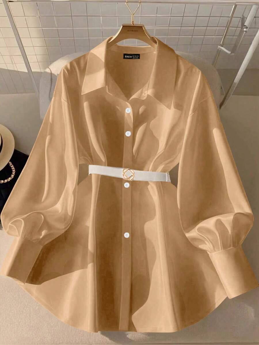 SHEIN Clasi 女士缎面金属扣腰带衬衫，适合派对/办公室/圣诞节穿着