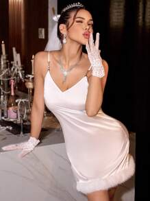 SilkySpell Women's Sexy Faux Fur Backless Rhinestone Satin Slip Nightgown - White - View 1