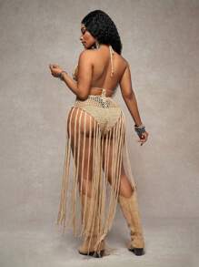 Slaydiva Plus Size Women Beach Vacation Spaghetti Strap Tassel Tank Top & Hollow Out Tassel Shorts Set, Perfect For Sexy Party, Holiday - Khaki - View 3