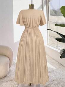 DreamSkyne Women's V-Neck Lace Trim Waist Pleated Hem Dress - Apricot - View 2