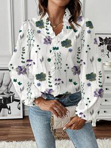 EMERY ROSE Women's Frill Trim Printed Long Sleeve Shirt For Vacation - Multicolor - View 6