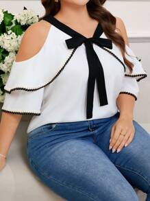 SHEIN Clasi Chemise d'été élégante à manches courtes avec bloc de couleurs et nœud pour femmes grandes tailles. Blouses d'été, hauts de printemps, hauts de travail pour femmes - Noir et Blanc - Voir 5