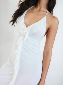 Maija 2015 Summer New Modern Elegant Business Casual Graduation Season Brunch Wedding Guest Everyday Versatile High-Neck Lace-Up A-Line Ruffled Mesh Layered Floral Dress, Suitable For Easter, Music Festival - White - View 2