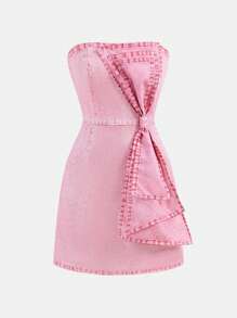 Holiday,Summer,TravelTeen Girls Casual Elegant Resort Dress, Pink Waist Ruched Strapless Snug Fit Knit Mini Dress Camisole Dress Bow, Suitable For School, Outing, Holiday, Spring & Summer - Pink - View 1
