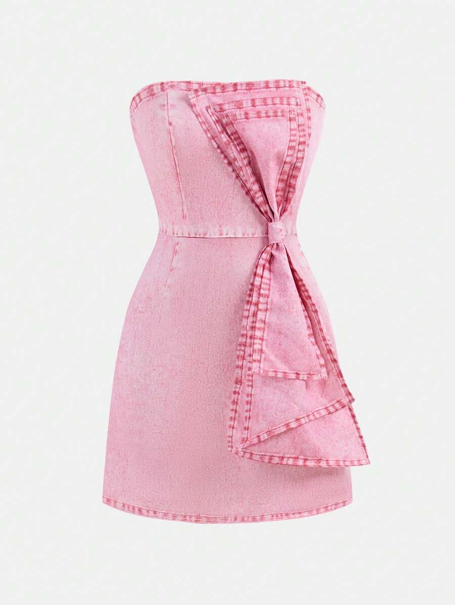 Holiday,Summer,TravelTeen Girls Casual Elegant Resort Dress, Pink Waist Ruched Strapless Snug Fit Knit Mini Dress Camisole Dress Bow, Suitable For School, Outing, Holiday, Spring & Summer - Pink - View 1