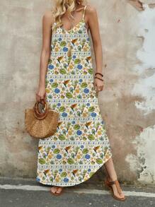 EMERY ROSE Women Casual Loose Tropical Plant Print Spaghetti Strap Summer Dress - Multicolor - View 4