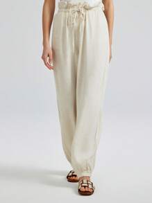 Ontre 2025 New Arrival Elastic Waist Ruffle Hem Casual Pants, Vacation Style Full Elastic Waistband Wide Leg Trousers For Women, Spring/Summer Everyday Wear - Apricot - View 3