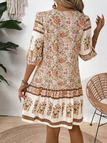 Breezaya Women Fashion Printed Lantern Sleeve Tie Neck Dress Vacation Beach Outfit