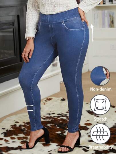 EMERY ROSE Plus Size Women's Denim Effect Printed Leggings, Autumn