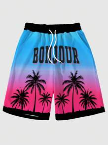 Manfinity Dauomo Men's Summer Casual Vacation Gradient Palm Tree Print Drawstring Waist Shorts - Multicolor - View 1