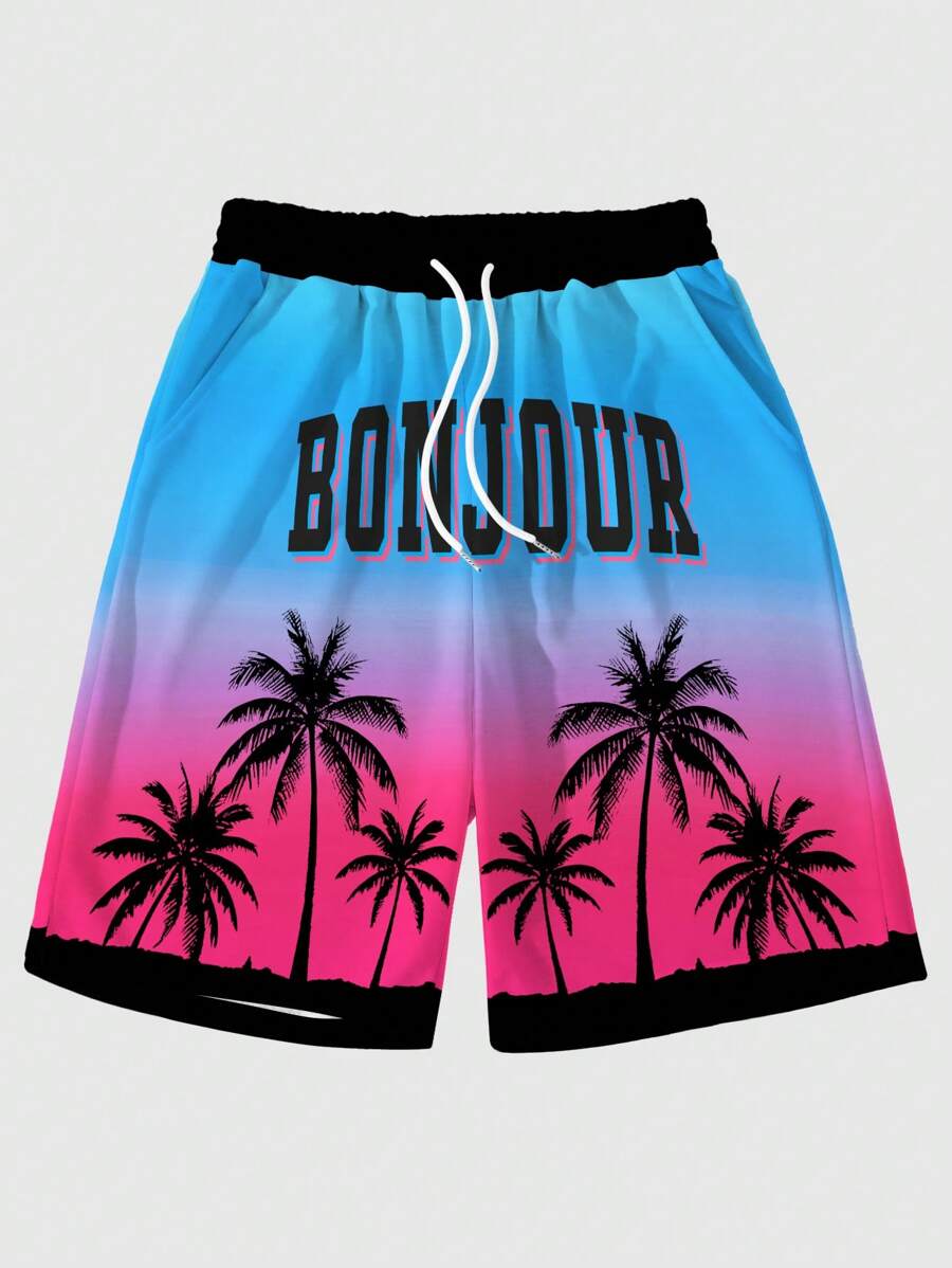 Manfinity Dauomo Men's Summer Casual Vacation Gradient Palm Tree Print Drawstring Waist Shorts - Multicolor - View 1