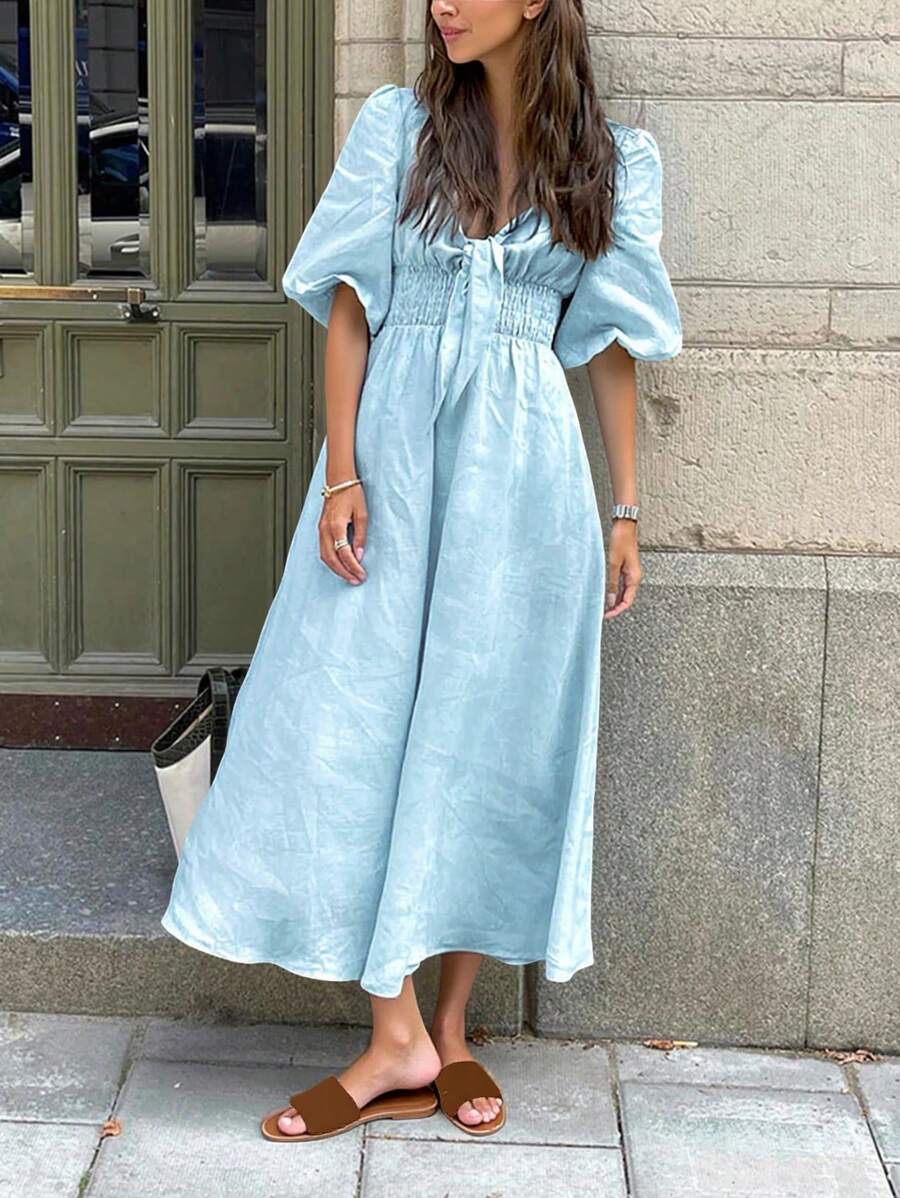 SHEIN VCAY Women's Simple Solid Color Sweetheart Neck Waist Cinched Summer Dress,Summer Outfits For Women,Summer Dresses For Women,Vacation Outfits Women,Summer Dresses,Sun Dresses For Women,Vacation,Women Summer Clothes - Blue - View 1