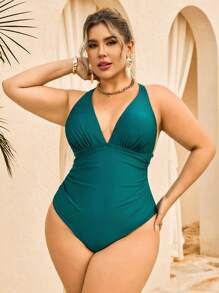 SHEIN Swim Chicsea Plus Size Women Deep V-Neck Solid Color Sexy One-Piece Swimsuit