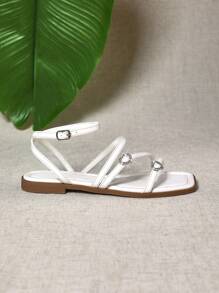 SHUZIA Sandalias planas para mujer con hebillas con forma de corazón y rhinestones - Beis - Ver 6