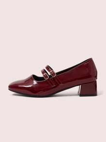 CUCCOO DOLLMOD Women's Adjustable Buckle Design Shiny Vintage Chunky Heels For Christmas Spring Shoes - Burgundy - View 6