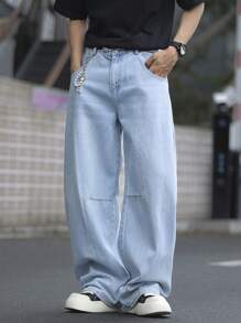 Manfinity Homme 男式休闲日常洗水斜口袋宽松牛仔裤 - 淺色水洗藍 - 查看 3