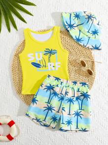 Young Boy 2 Pieces Swimwear, Front Print Patterned Swimwear Top - Multicolor - View 1