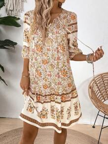 Breezaya Women Fashion Printed Lantern Sleeve Tie Neck Dress Vacation Beach Outfit