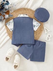 SHEIN Set de 3 piezas de ropa elegante y de moda para bebé niño, que incluye camisa con pajarita estampada de hojas 2 en 1, shorts azules y gorra, adecuado para actividades al aire libre, bodas y fiestas, ropa de verano para bebé, traje para bebés y traje de para bebés de 6 meses a 3 años - Azul - Ver 2