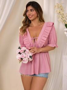 KURAYIA Blusa corta de escote en V con volantes, sin espalda y manga corta para mujer de talla grande